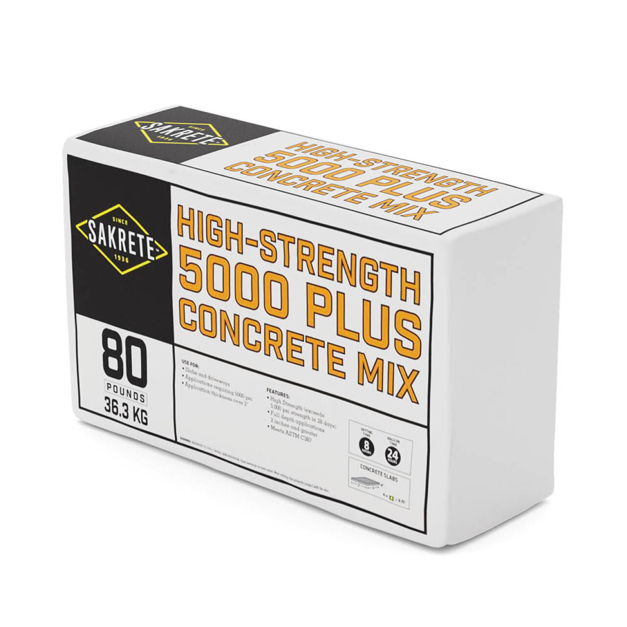An 80 lb. bag of Go Build 5000 Plus High Strength Concrete Mix, from The Fastest Way To Build, features bold orange and black text plus a logo, shown on a plain white background—ideal for concrete delivery needs.